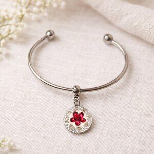 Silver Ruby Red Flower Snap Charm Cuff Bracelet Interchangeable